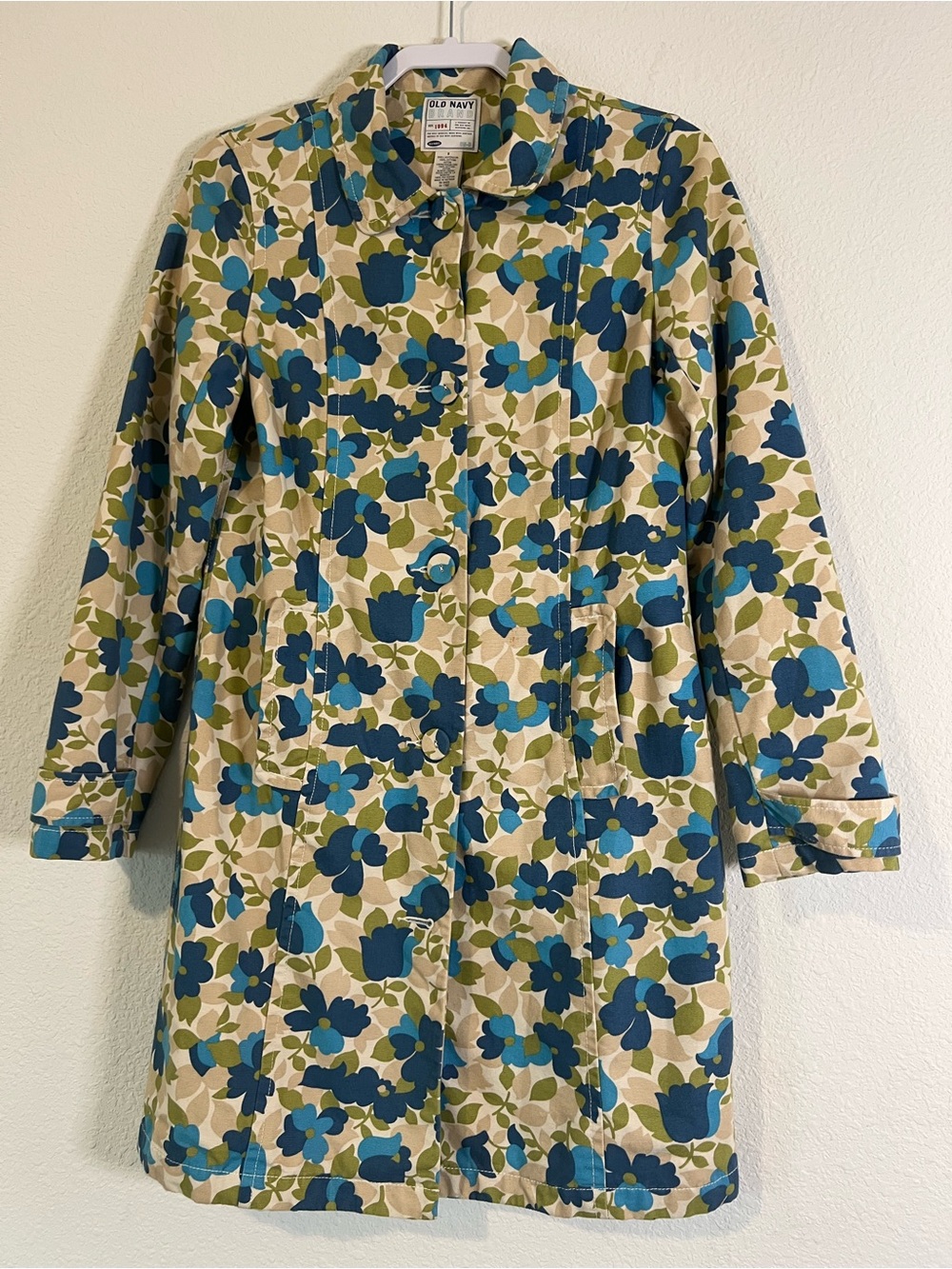 Old Navy Blue & Green Floral Trench Coat